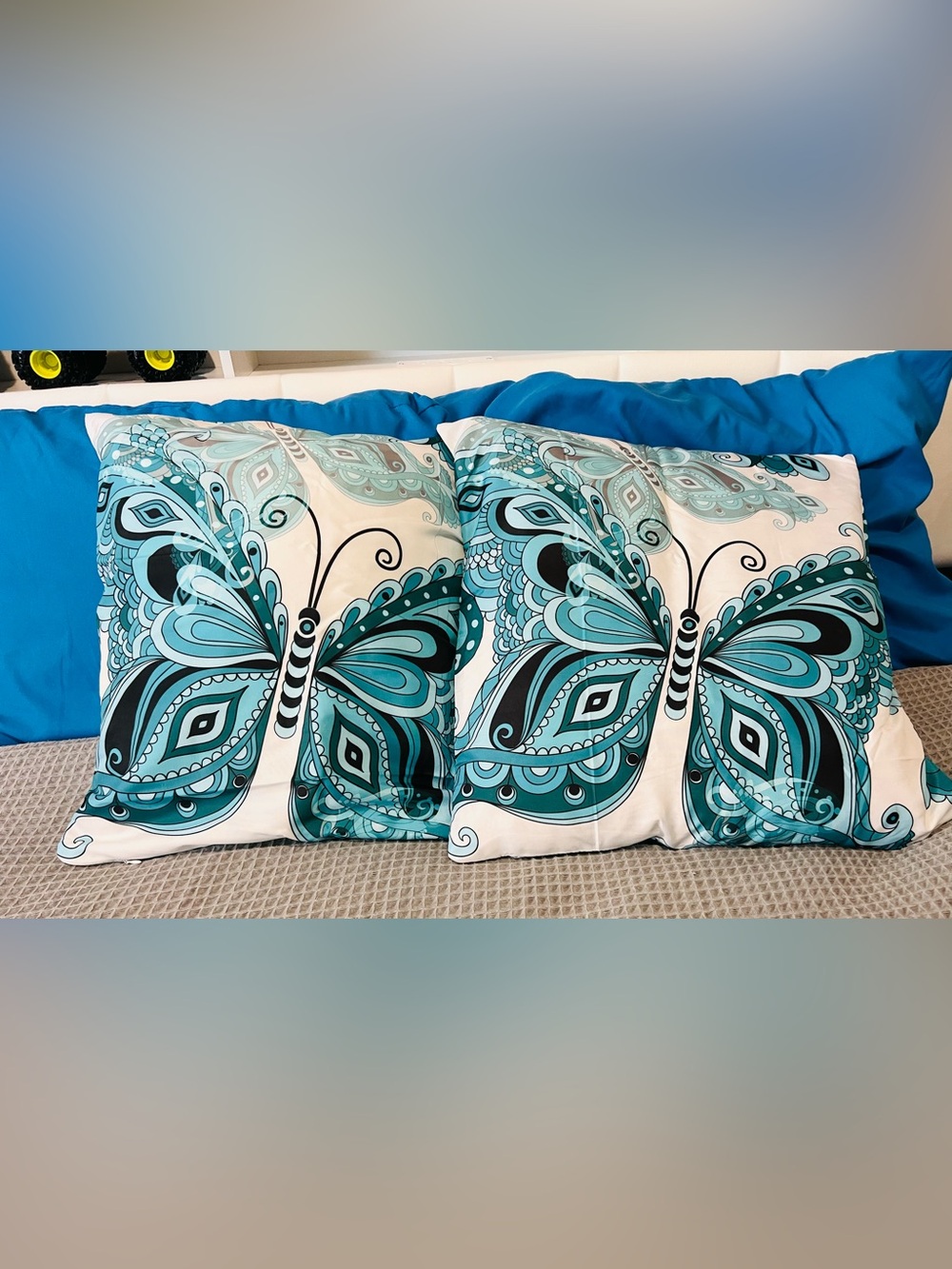 Set of 2 Blue Butterfly Throw Pillow Covers 18x18 Decorative Cushion Covers